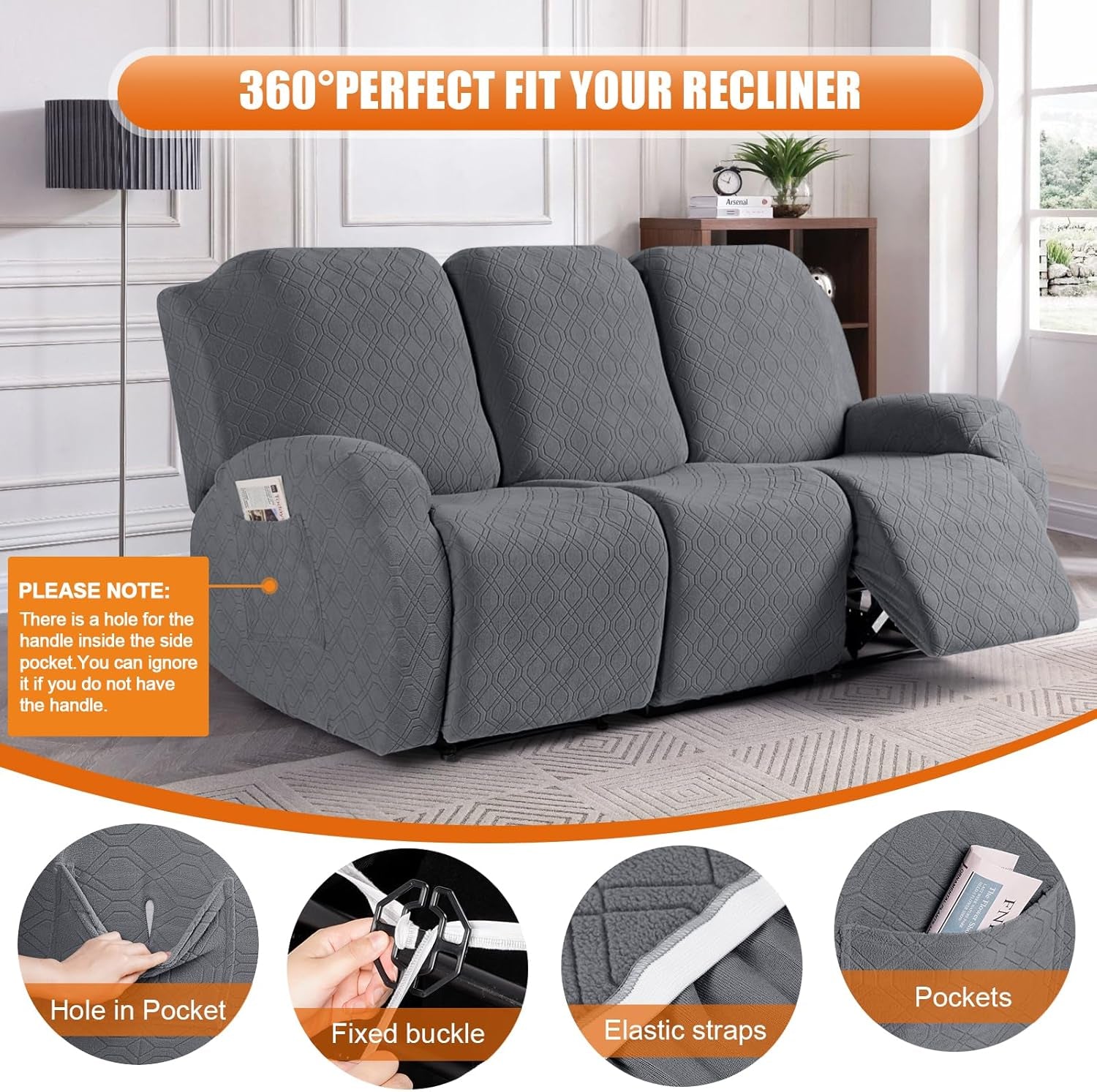 Staged living room view of dark gray recliner slipcover with footrest extended and side pocket holding a magazine