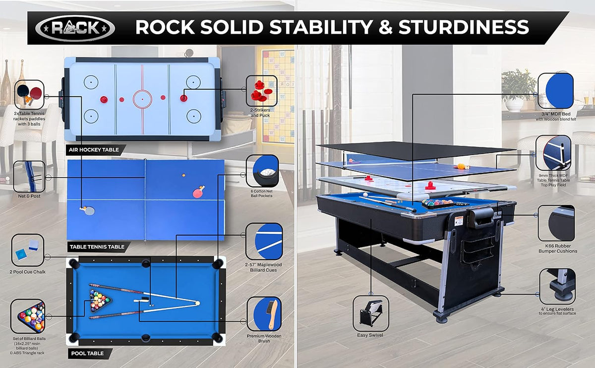 Illustrated feature board showing air hockey, table tennis, and pool configurations with labeled callouts.