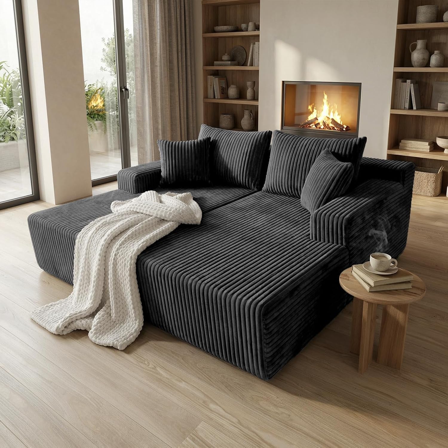 Dark charcoal chenille 2-seat floor sofa bed angled front view with white throw and three pillows by a fireplace.