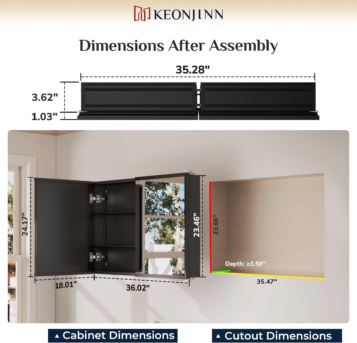 Diagram showing front and cutout dimensions for the cabinet with measured callouts.