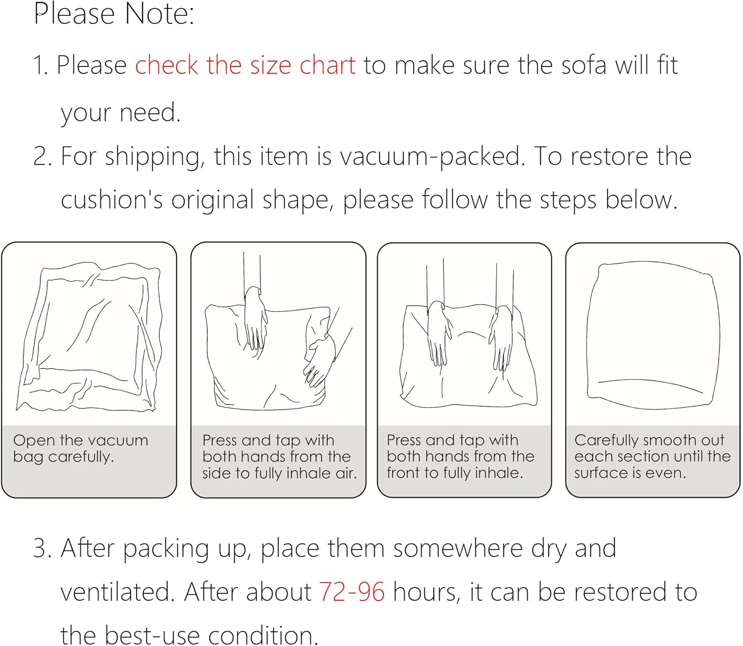 Vacuum-pack and restoration instructions graphic with step illustrations and text