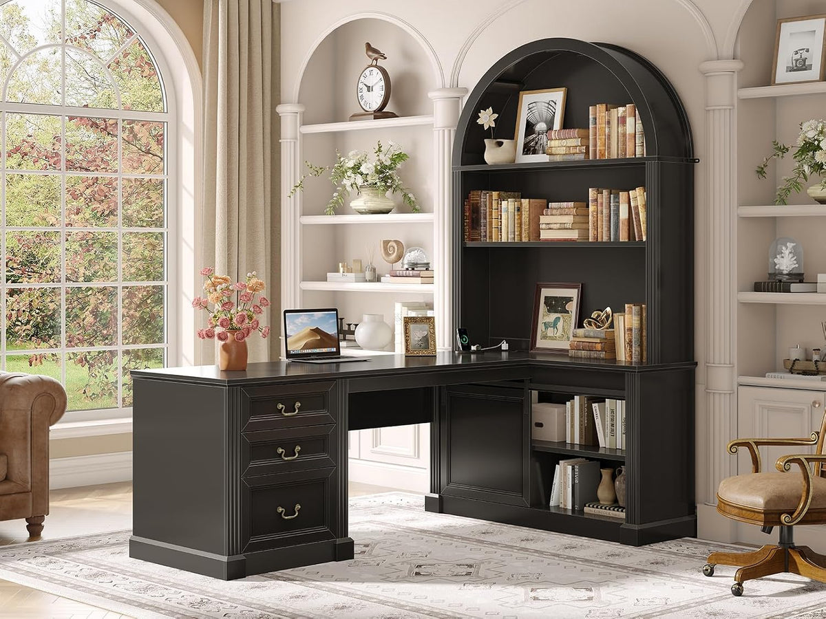 Black L-shaped desk paired with a matching tall arched black bookshelf in a windowed study setting.