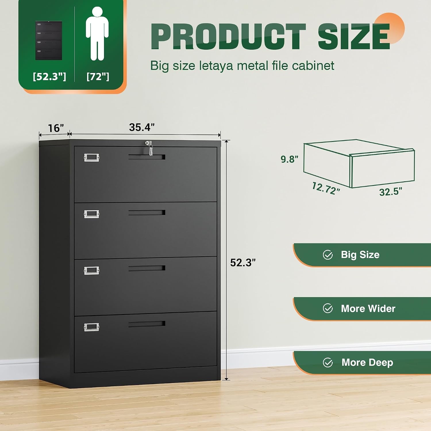 Front view of the black four-drawer cabinet with dimension lines and measurement callouts.