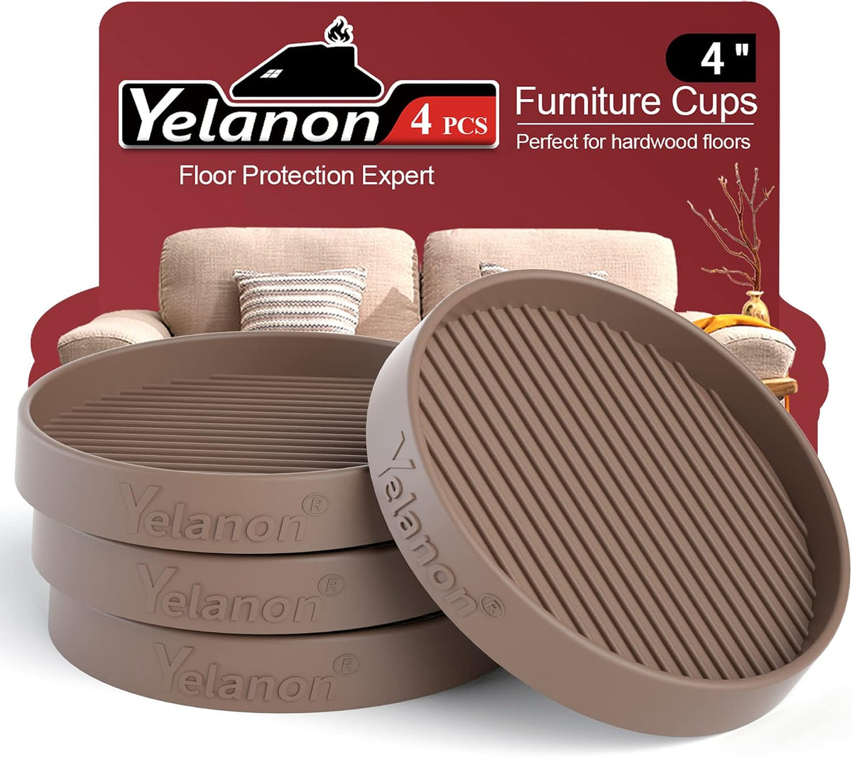 Stack of four round brown furniture pads with one tilted to show ribbed interior in front of red packaging.