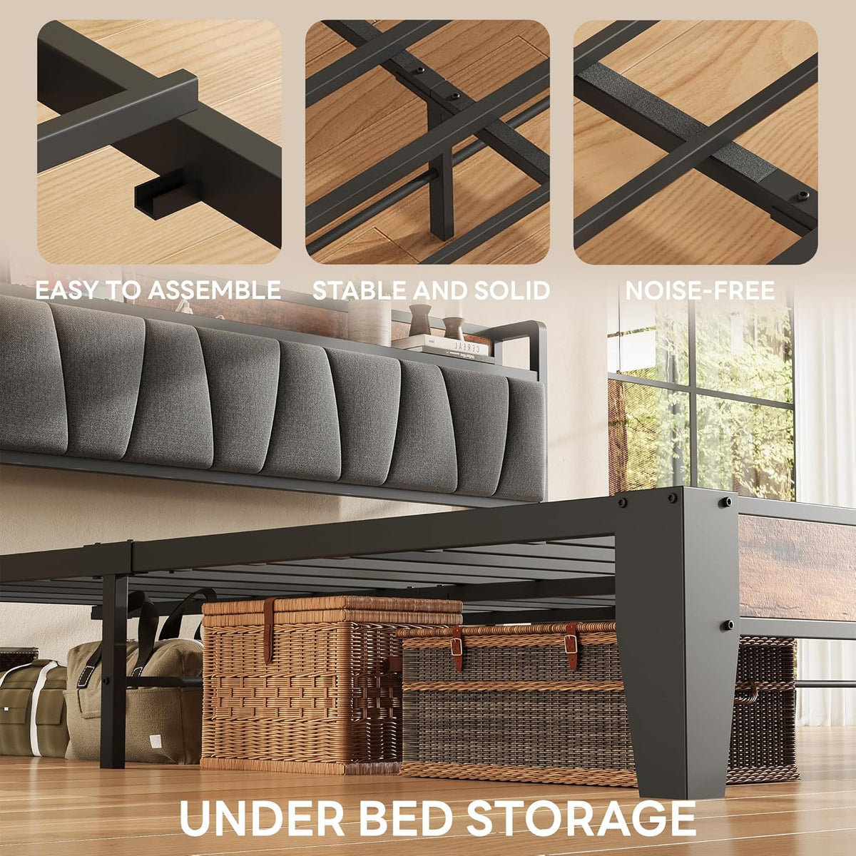 Close-up under the bed showing metal slats and legs with woven storage baskets tucked beneath the frame.