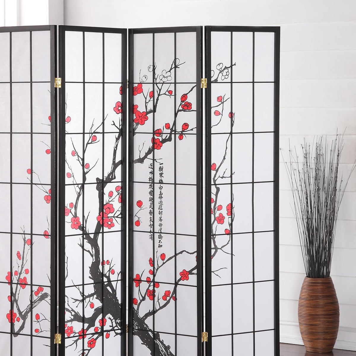 Close crop of center panels highlighting red plum blossoms and a black tree branch print on white rice paper