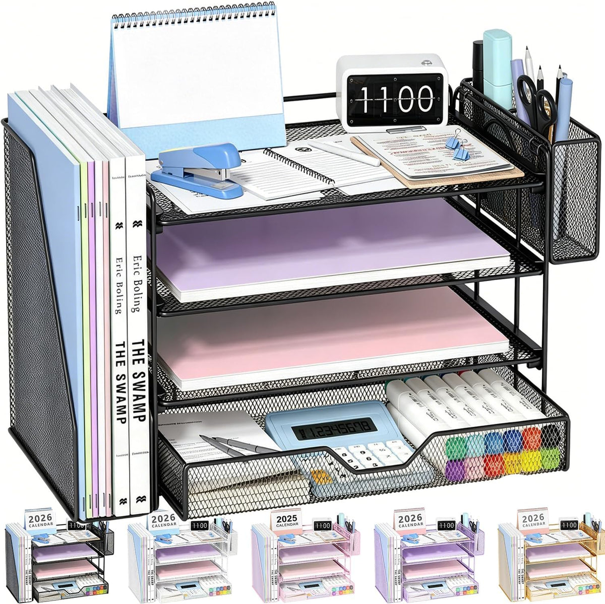 Black mesh 4-tier desktop file organizer holding notebooks, stapler, calculator and markers
