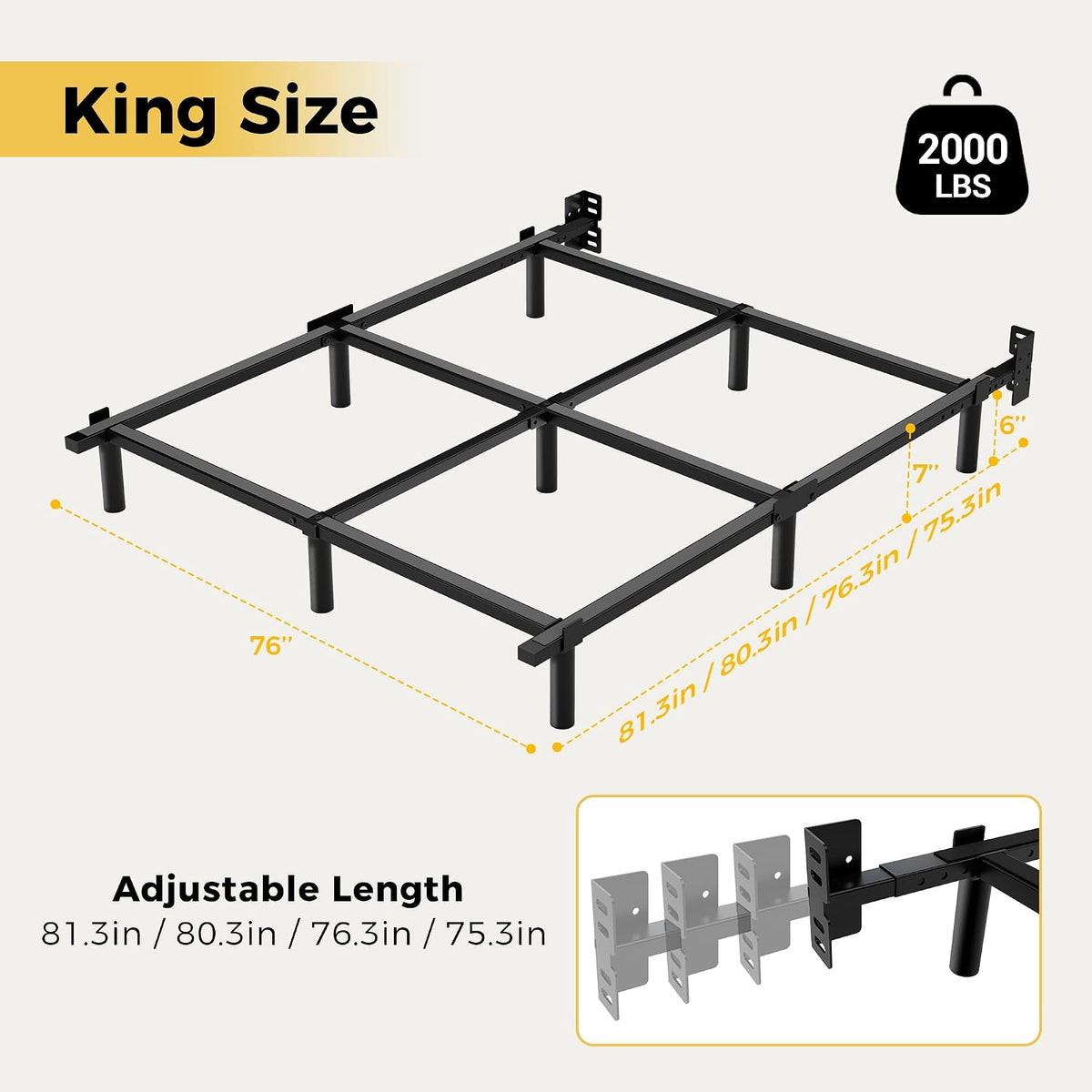 Illustrated black bed frame diagram showing adjustable length settings and leg placement