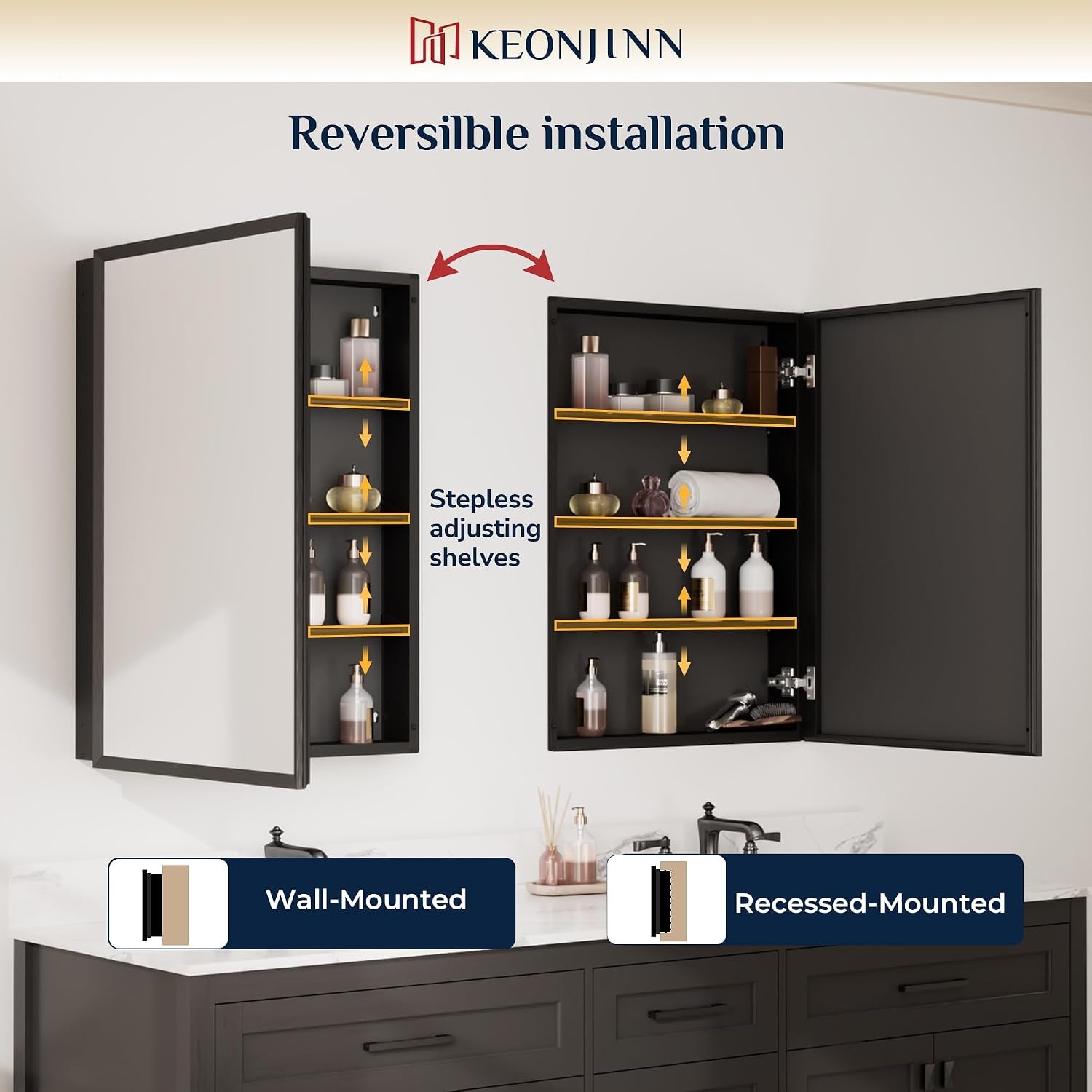 Two open cabinet views showing adjustable interior shelves and reversible left/right door installation.