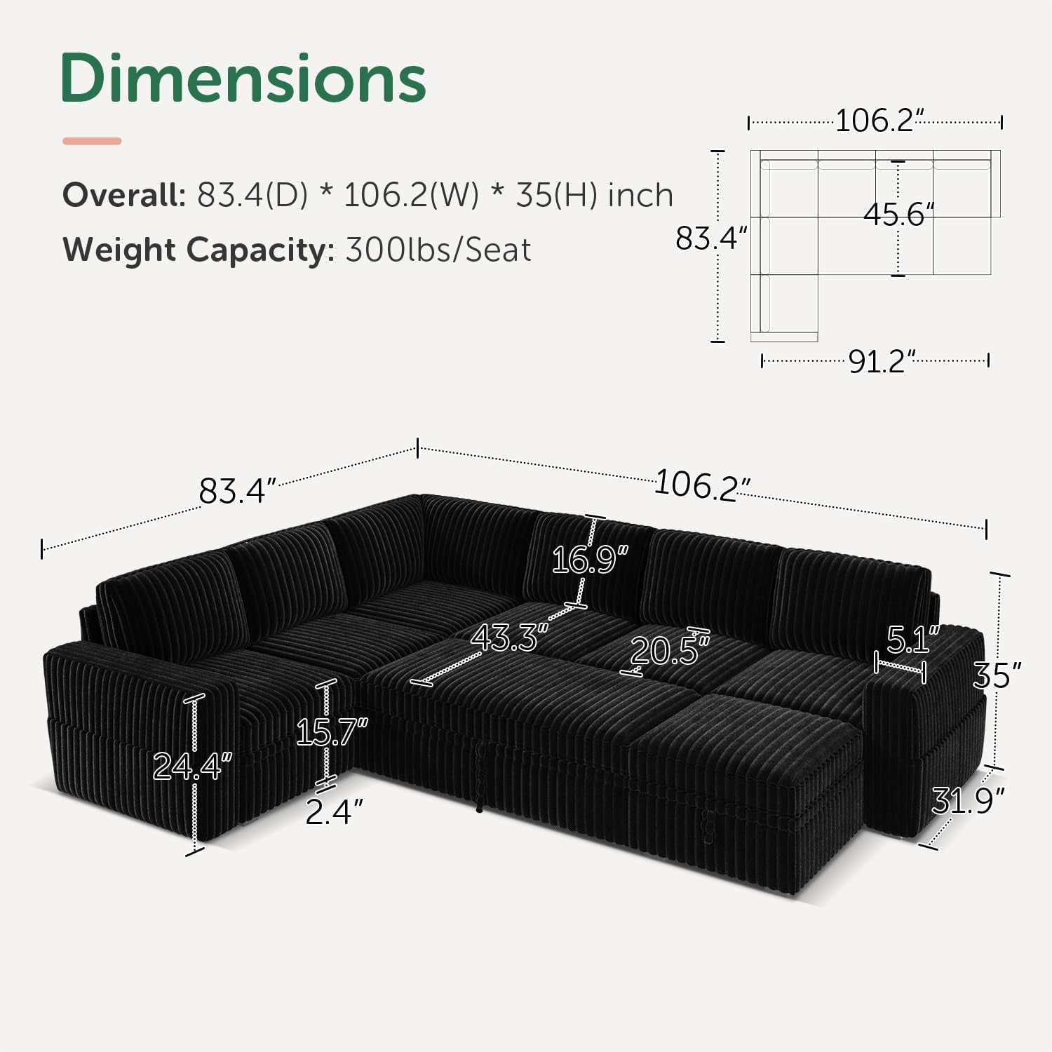 Modular Sectional Sleeper Sofa with Pull Out Bed,Corduroy U Shaped Couch with Storage, Sectional Couches for Living Room,Black
