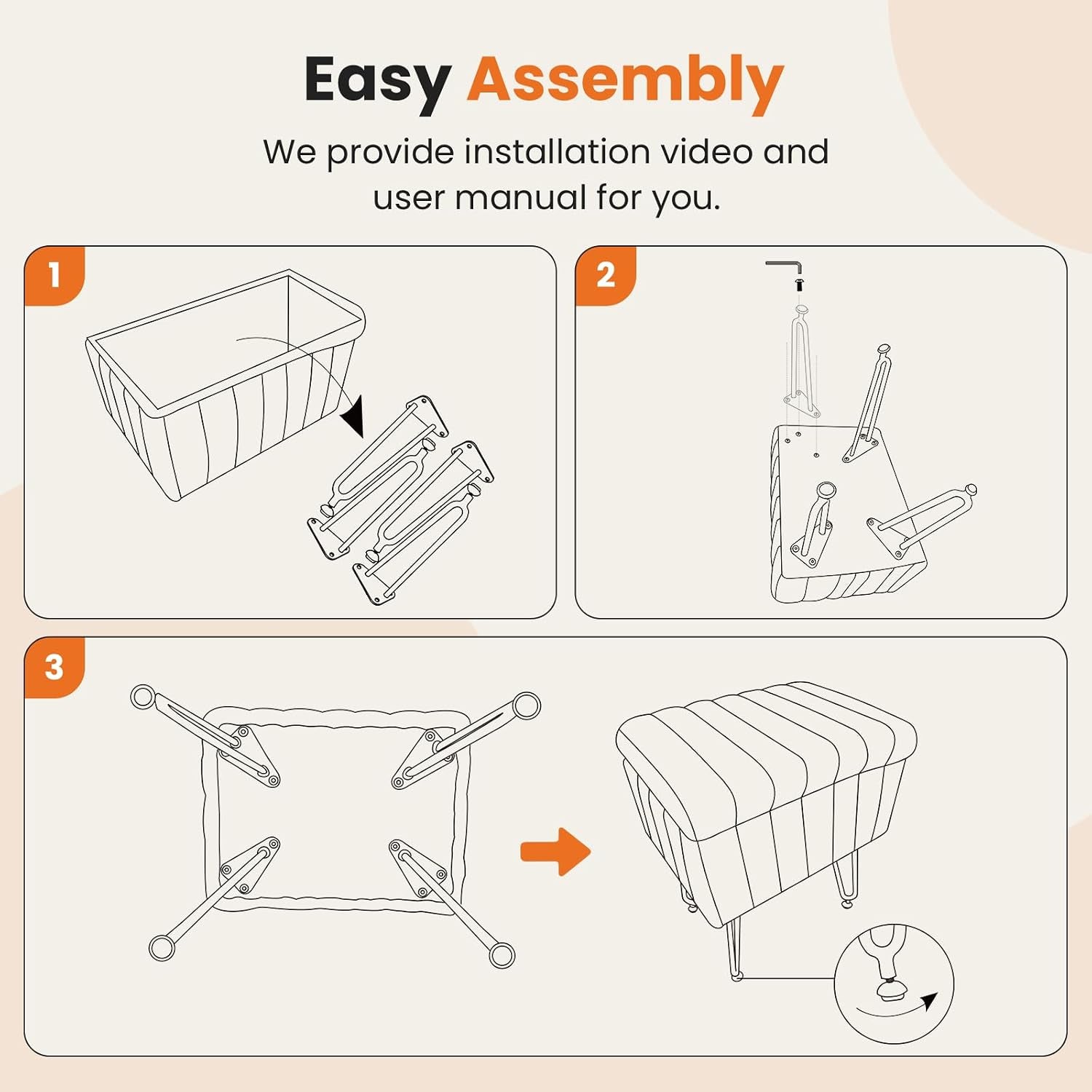 Three-panel line drawing showing step-by-step assembly of the ottoman and legs with a close-up of adjustable foot.