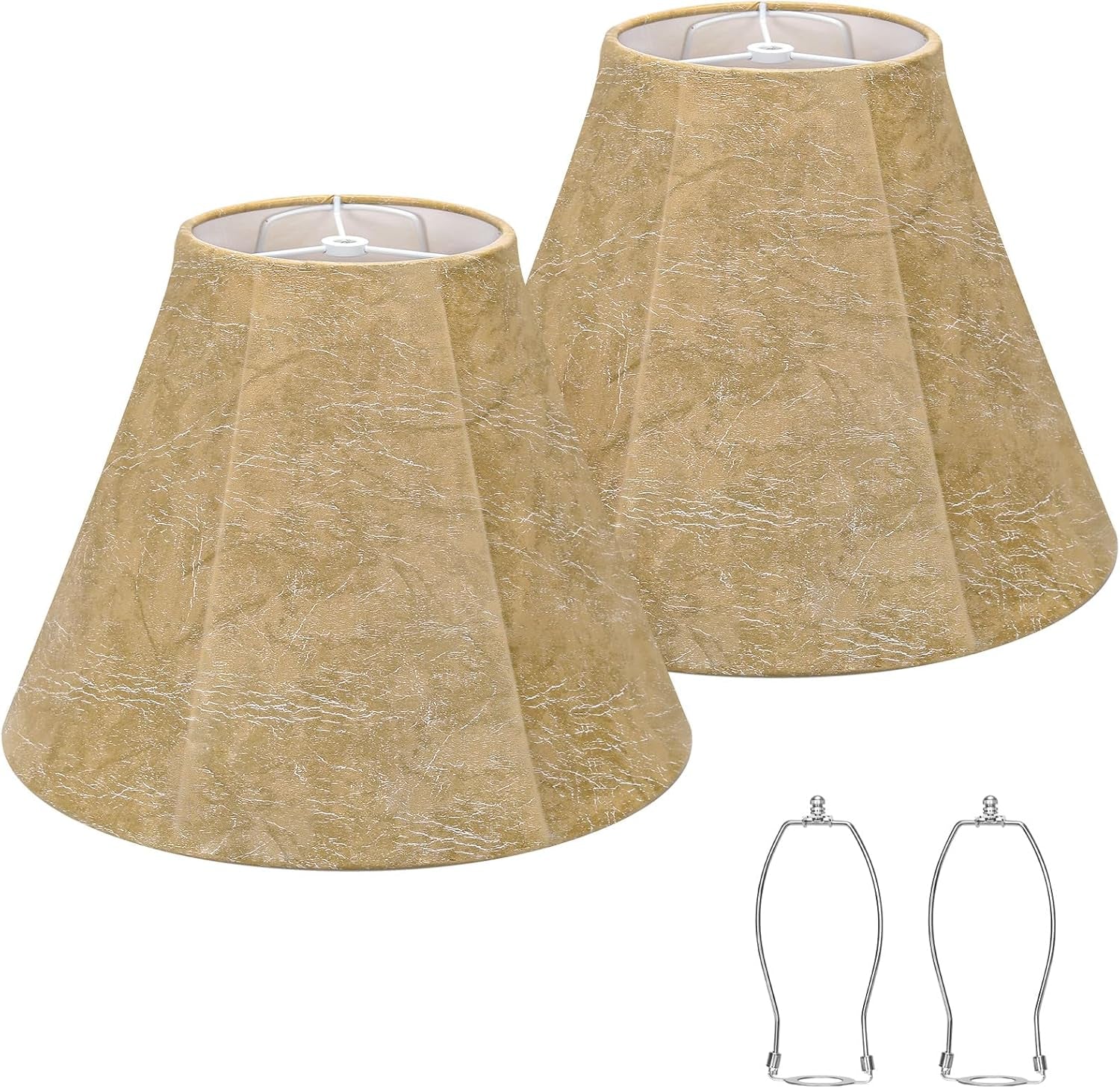 Two bell lampshades in a warm gold marbled finish displayed with two chrome harp frames
