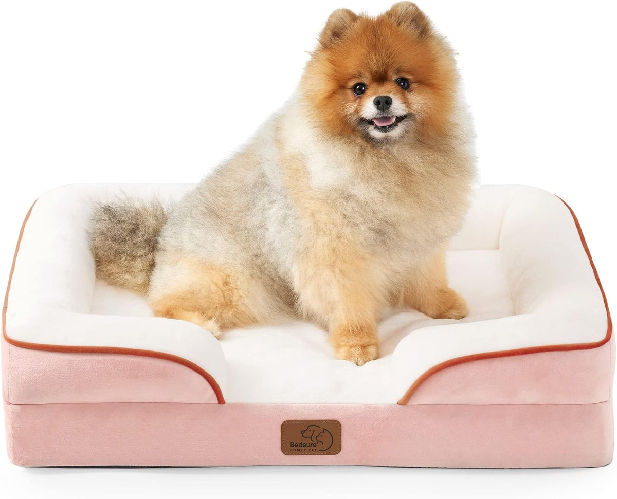 Pink bolster bed with cream sleeping surface; a fluffy Pomeranian sitting near the front, centered view.