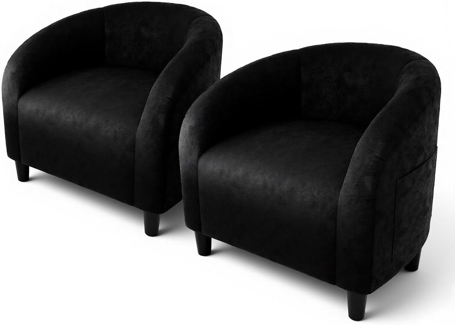Two black barrel chairs shown together on a white background, angled slightly toward viewer.