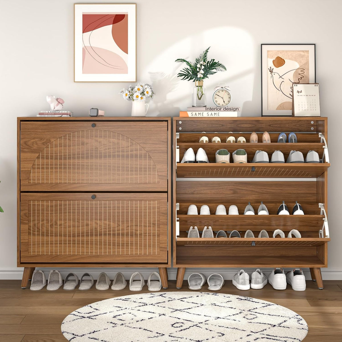 Two walnut shoe cabinets side by side, one open displaying organized shoes, decorative items on top and slippers lined below.