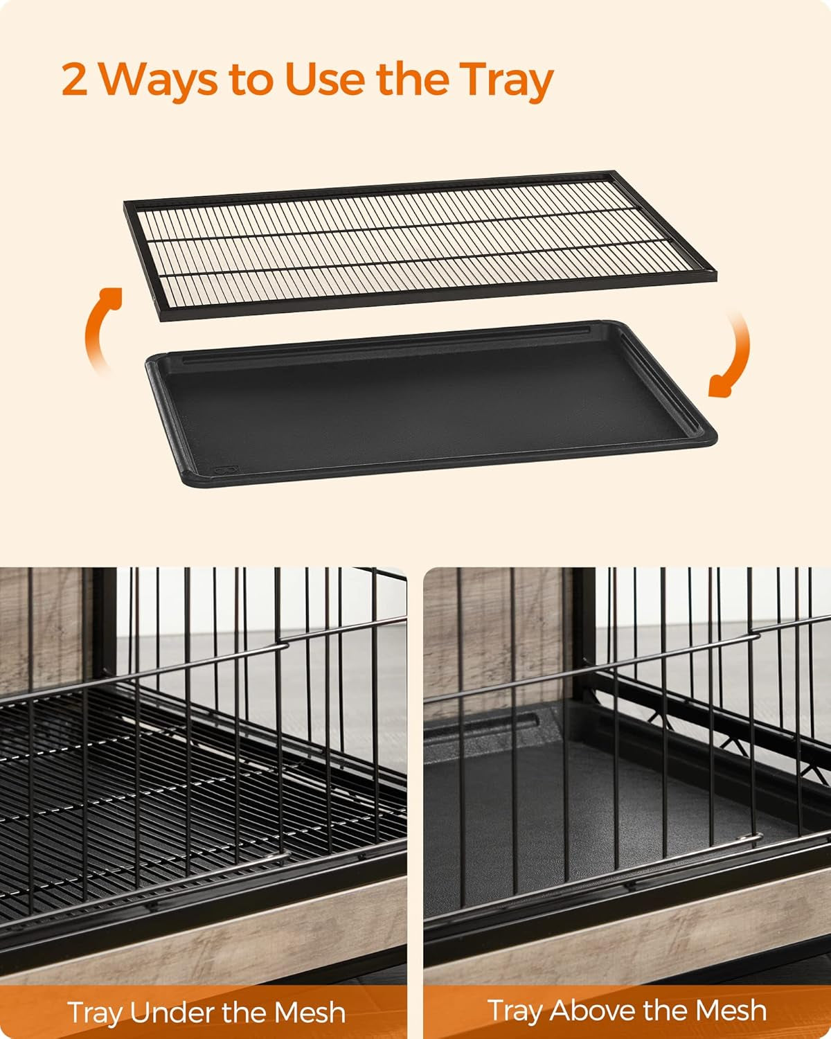 Removable metal mesh panel and black plastic pull-out tray shown separated to illustrate the two tray positions
