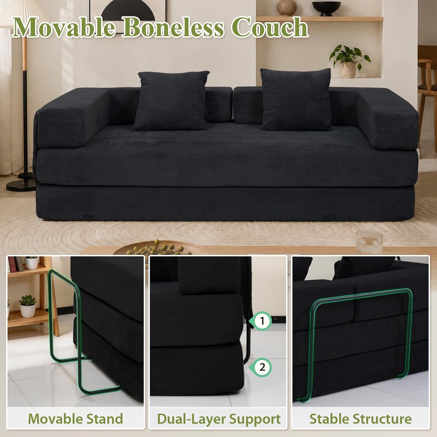 Front view of the boneless couch in black with two pillows and inset images of movable stand and dual-layer support
