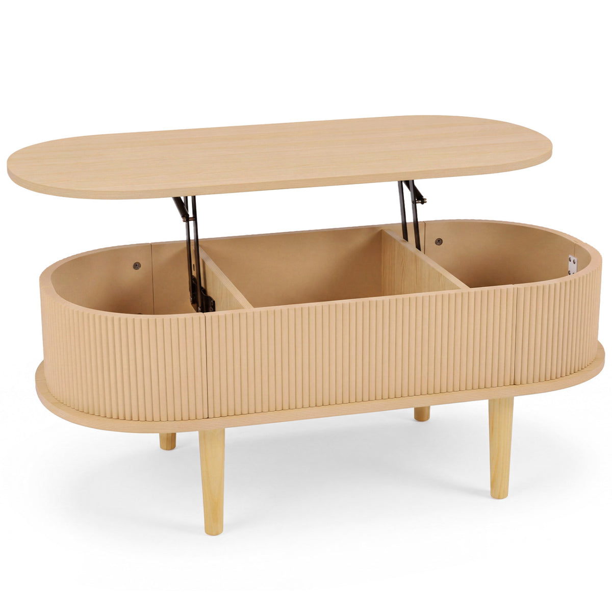 Fluted oval coffee table shown against a white background with the top raised and storage compartments empty.