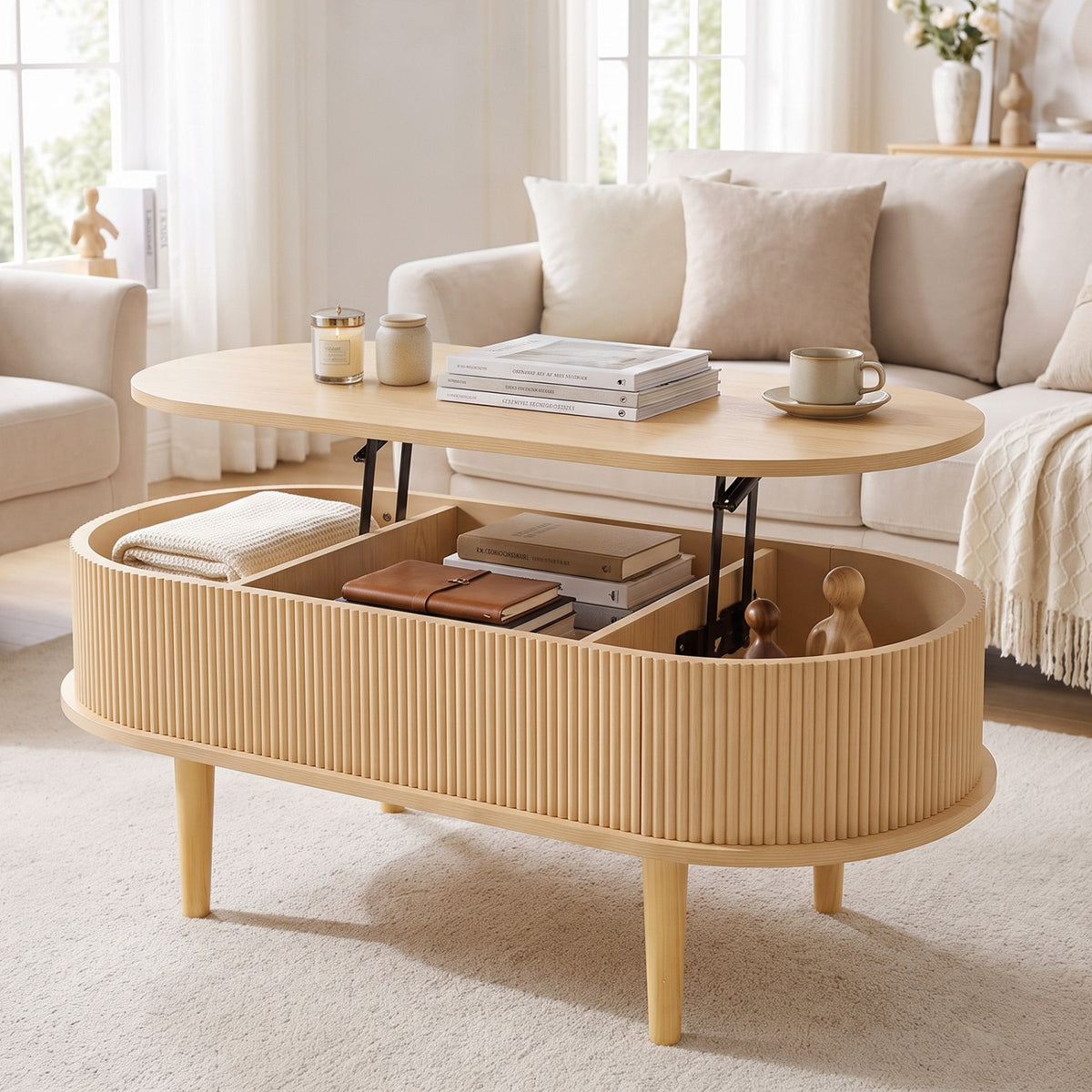Fluted oval coffee table with its raised top open, revealing books and folded blankets inside.