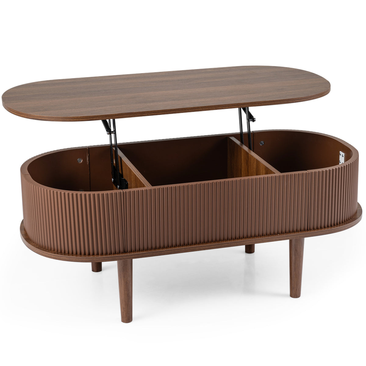Fluted oval coffee table with its lift top raised, revealing three empty storage compartments.