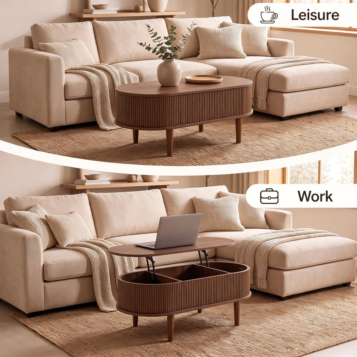 Two living room scenes show the oval table closed for lounging and open with a laptop on its raised top.
