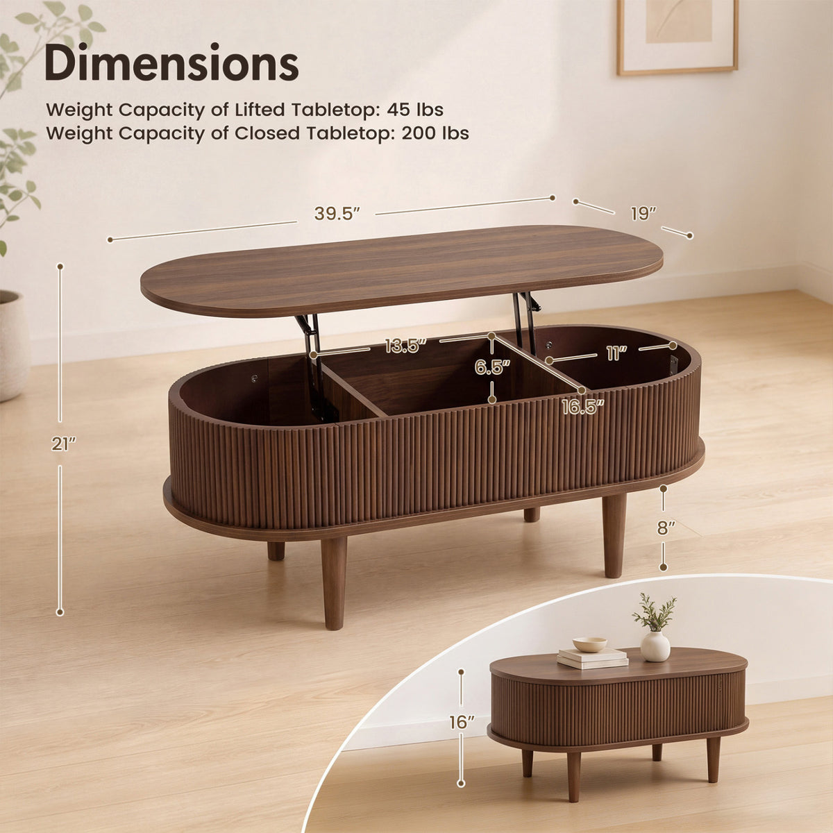 Oval fluted coffee table shown with its lift top raised to reveal divided storage compartments.