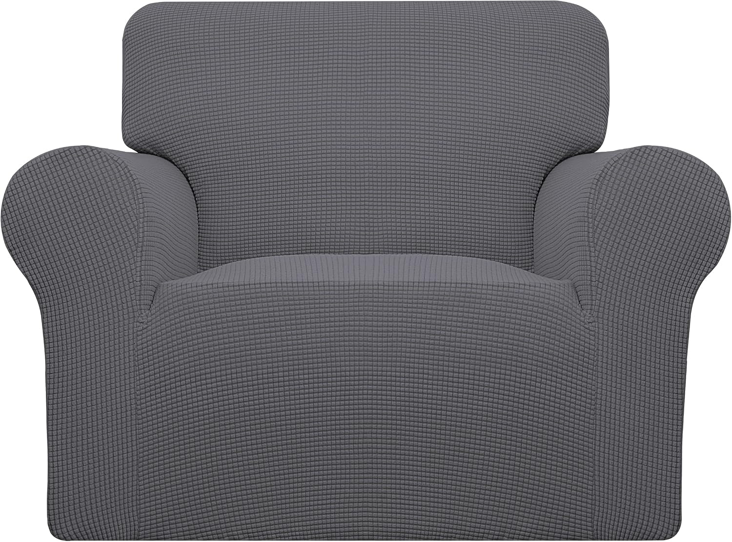 Front-facing single armchair covered in a dark gray textured stretch slipcover on white background.