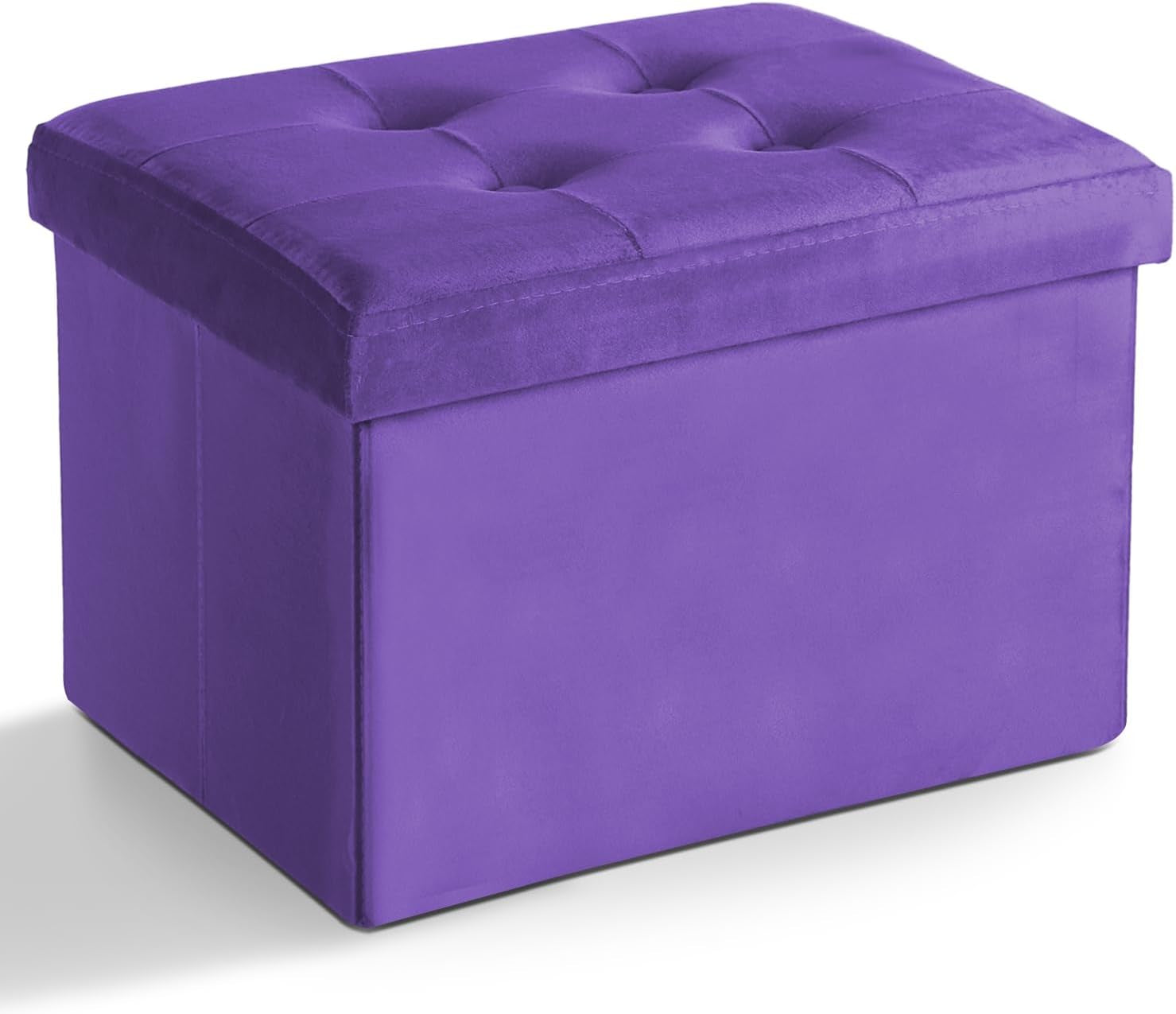 Front three-quarter view of a purple tufted rectangular storage ottoman on a white background.