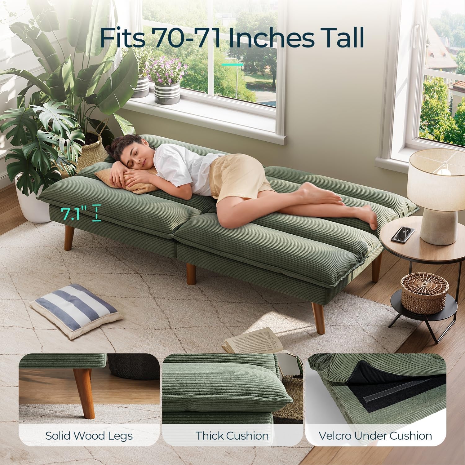 Woman lying on the futon bed position demonstrating the extended 71-inch sleeping length