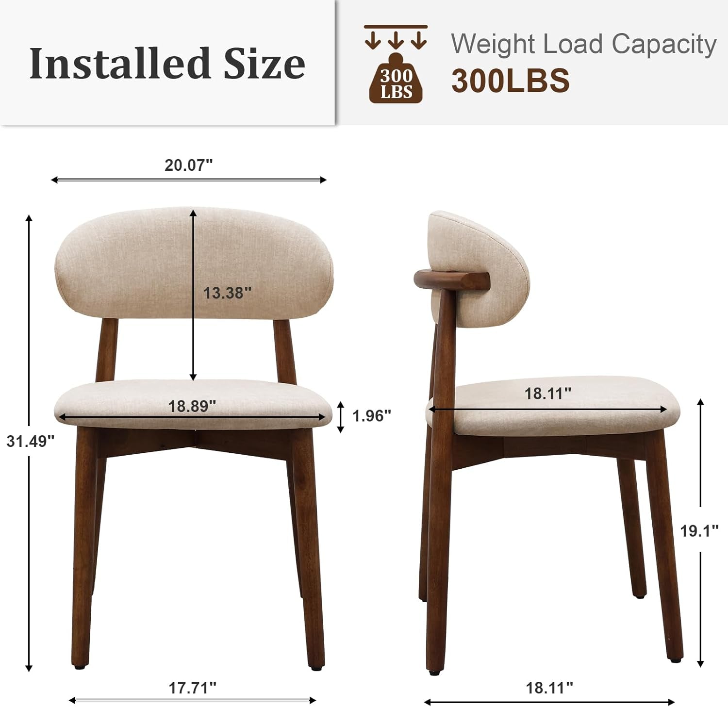 Front and side views of a beige chair with printed dimensions and a 300LBS weight capacity.