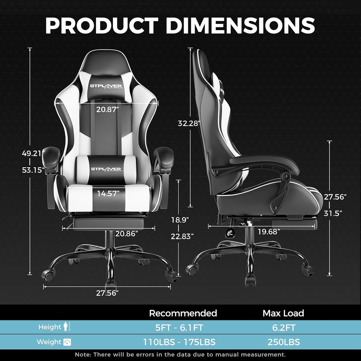 Dimension diagram showing front and side outlines of the gaming chair with measurement callouts and a recommended height and"