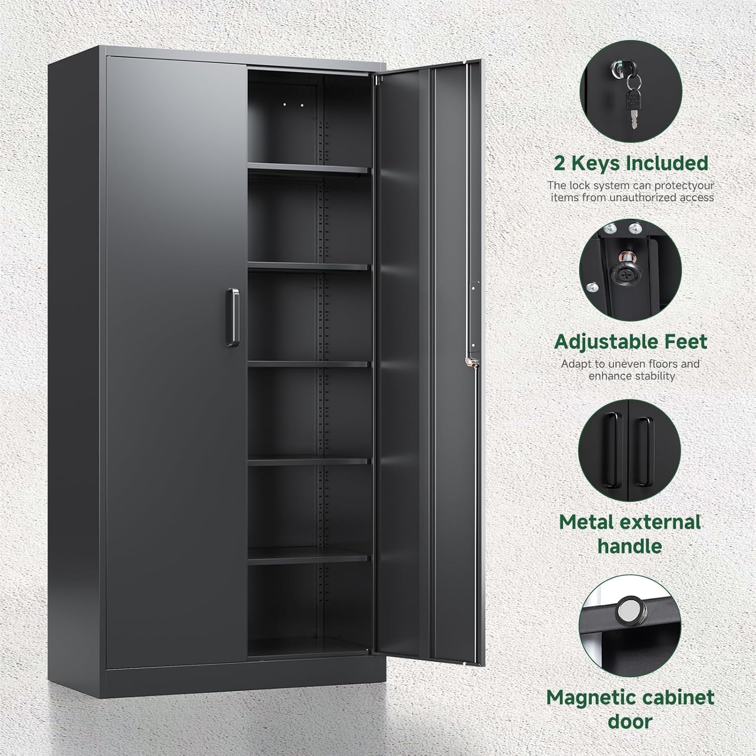Marketing image showing adjustable five-tier shelving with before-and-after spacing examples and boxes stored on shelves, fr