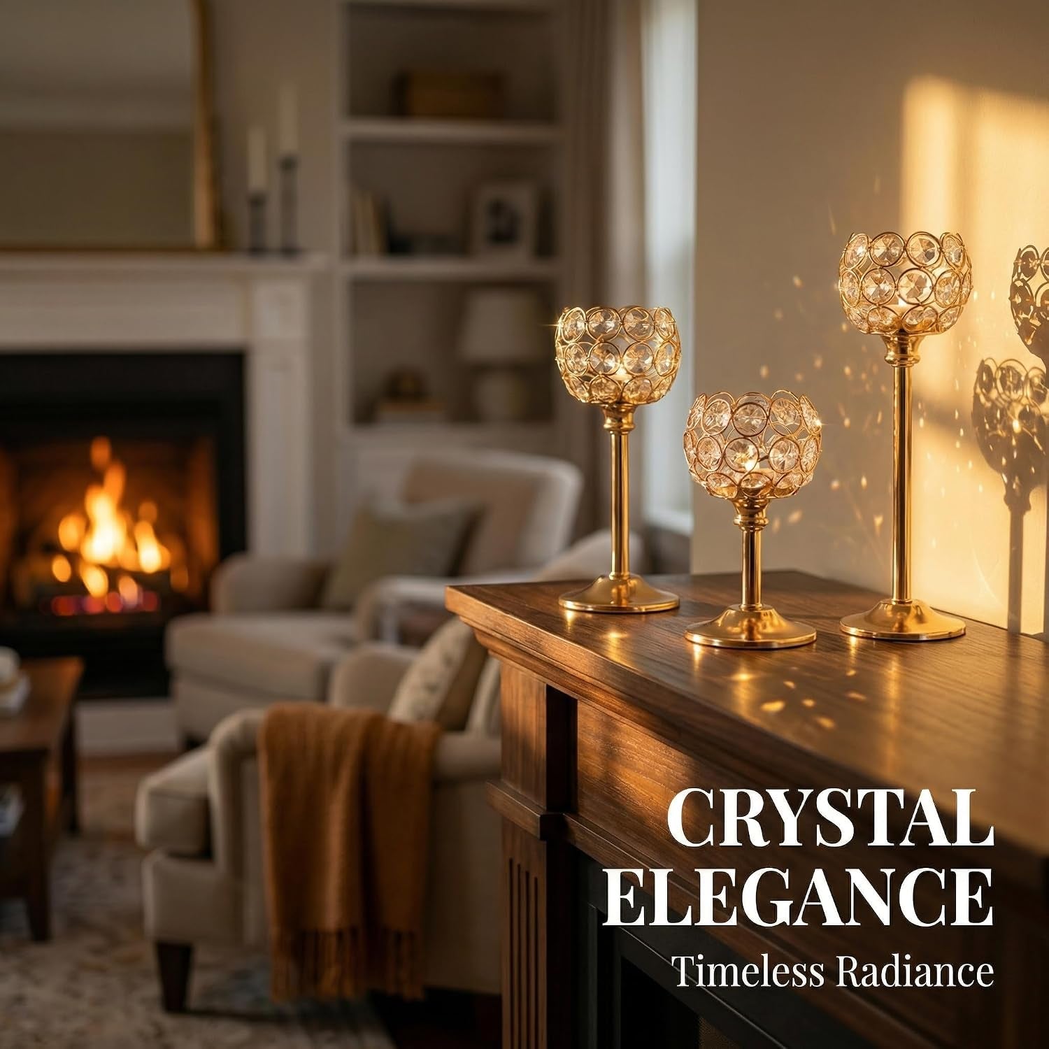 Three gold crystal tealight holders on a wooden mantel beside a fireplace casting warm reflected light