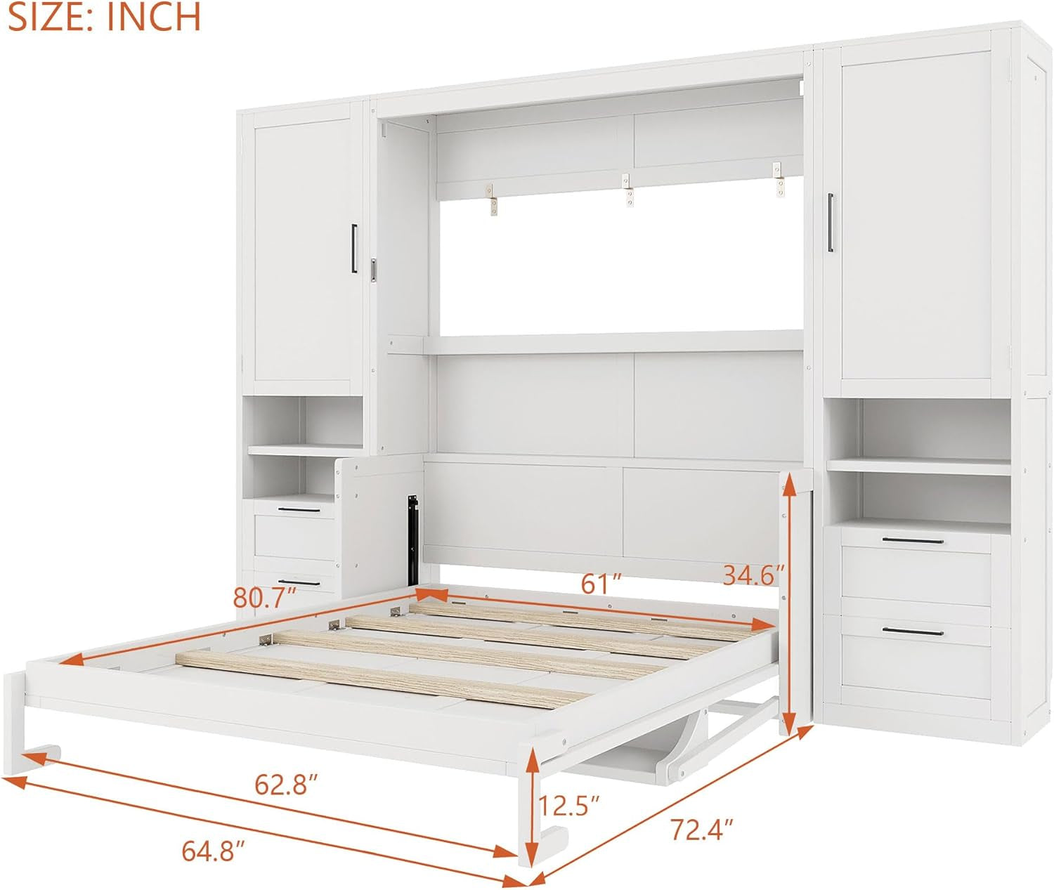 White Murphy wall bed frame extended showing wood slats and orange dimensional overlays on a white background