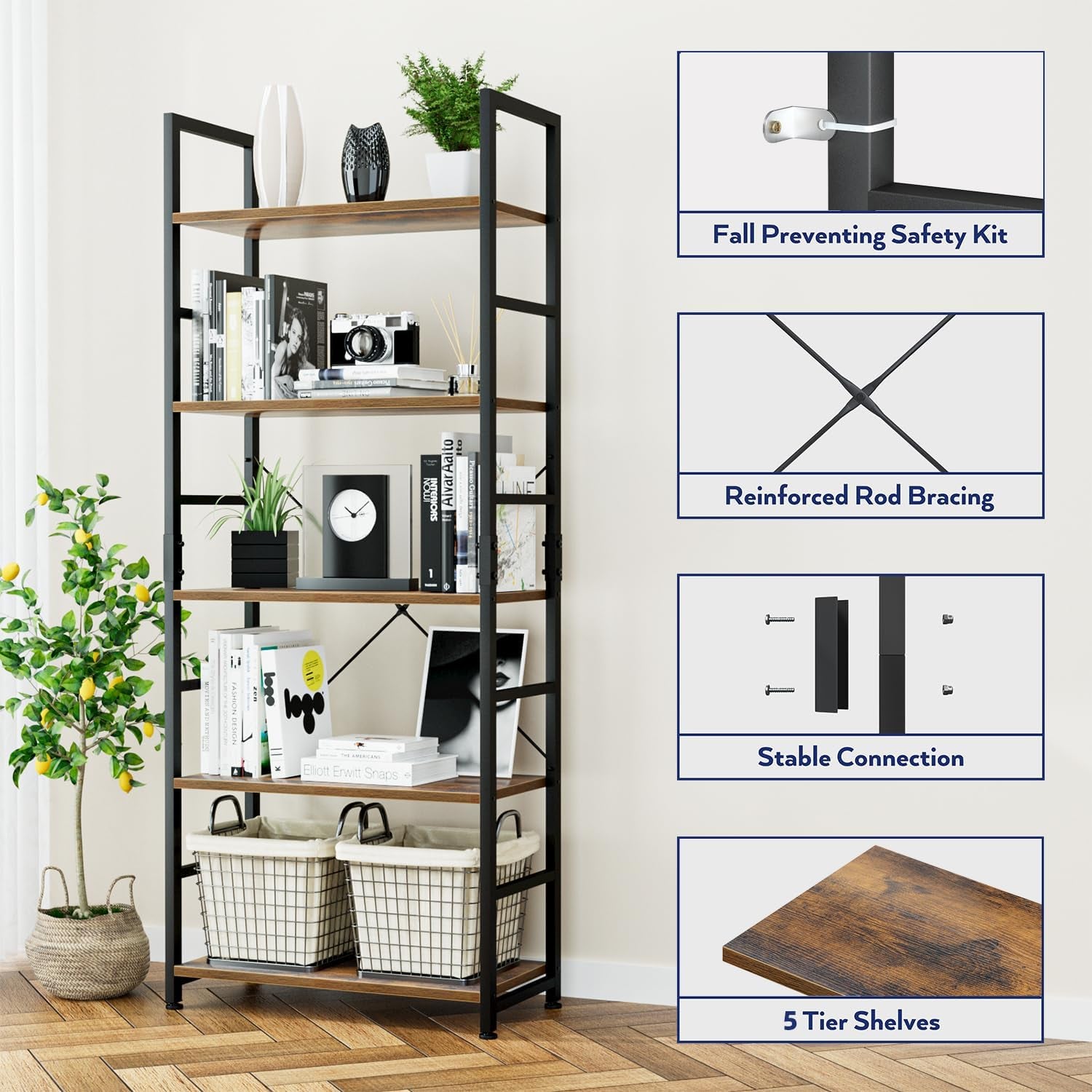 Five-tier bookcase with callouts for fall-preventing safety kit, reinforced rod bracing and stable connection details.