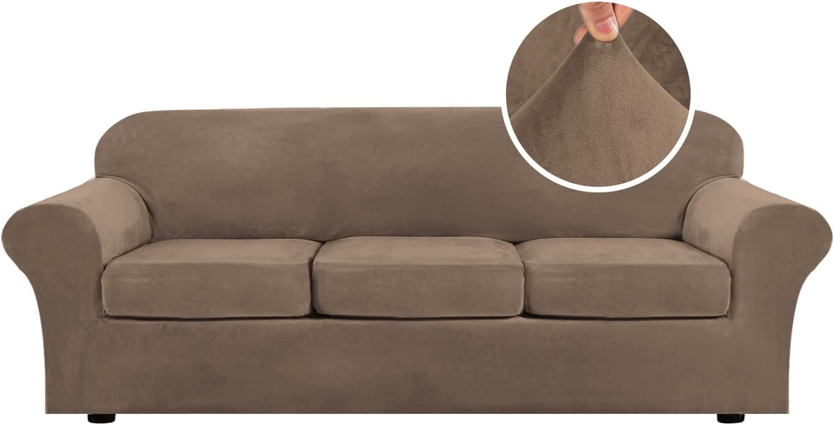 Front-facing three-cushion sofa in warm taupe with a circular close-up of the fabric held between fingers.