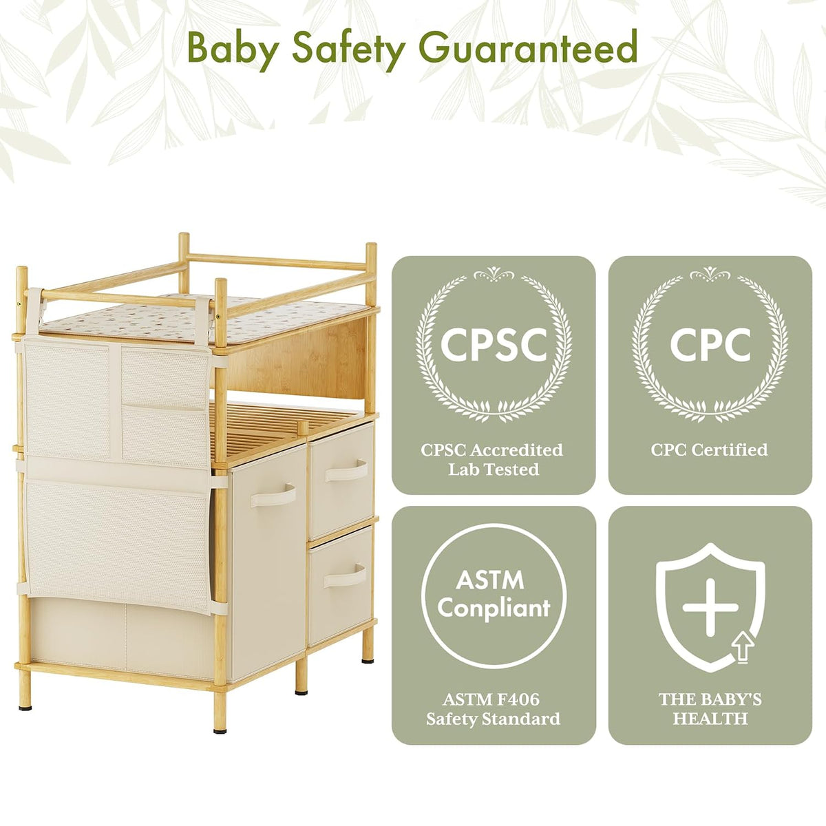 Three-quarter view of the bamboo changing table beside four safety and compliance icons