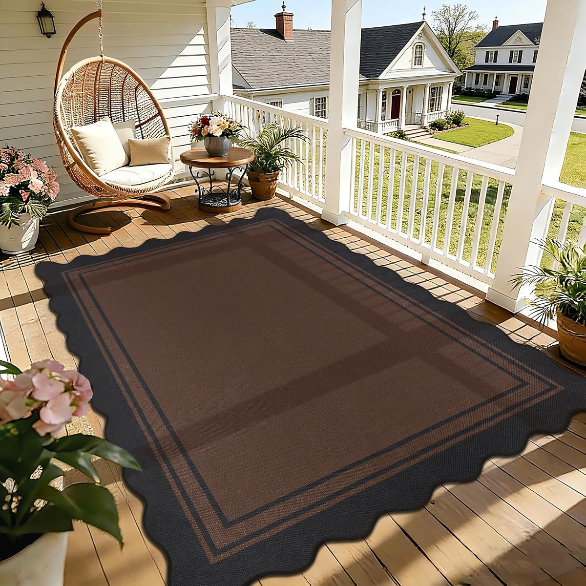 Zeeinx 5x7 Scalloped Rug Easy Jute Washable Outdoor Patio Rug | Indoor Outdoor Black Geometric Neutral, gallery view 15
