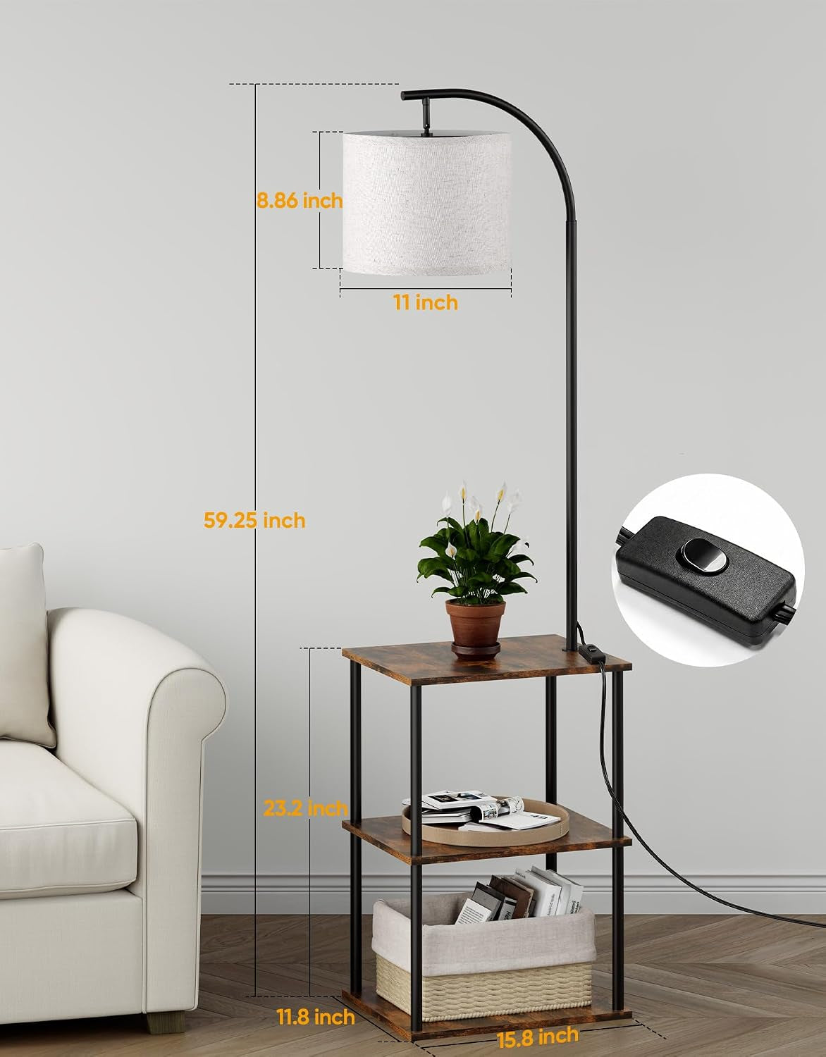 Diagram-style image with overall height 59.25" and shelf dimensions labeled beside the lamp