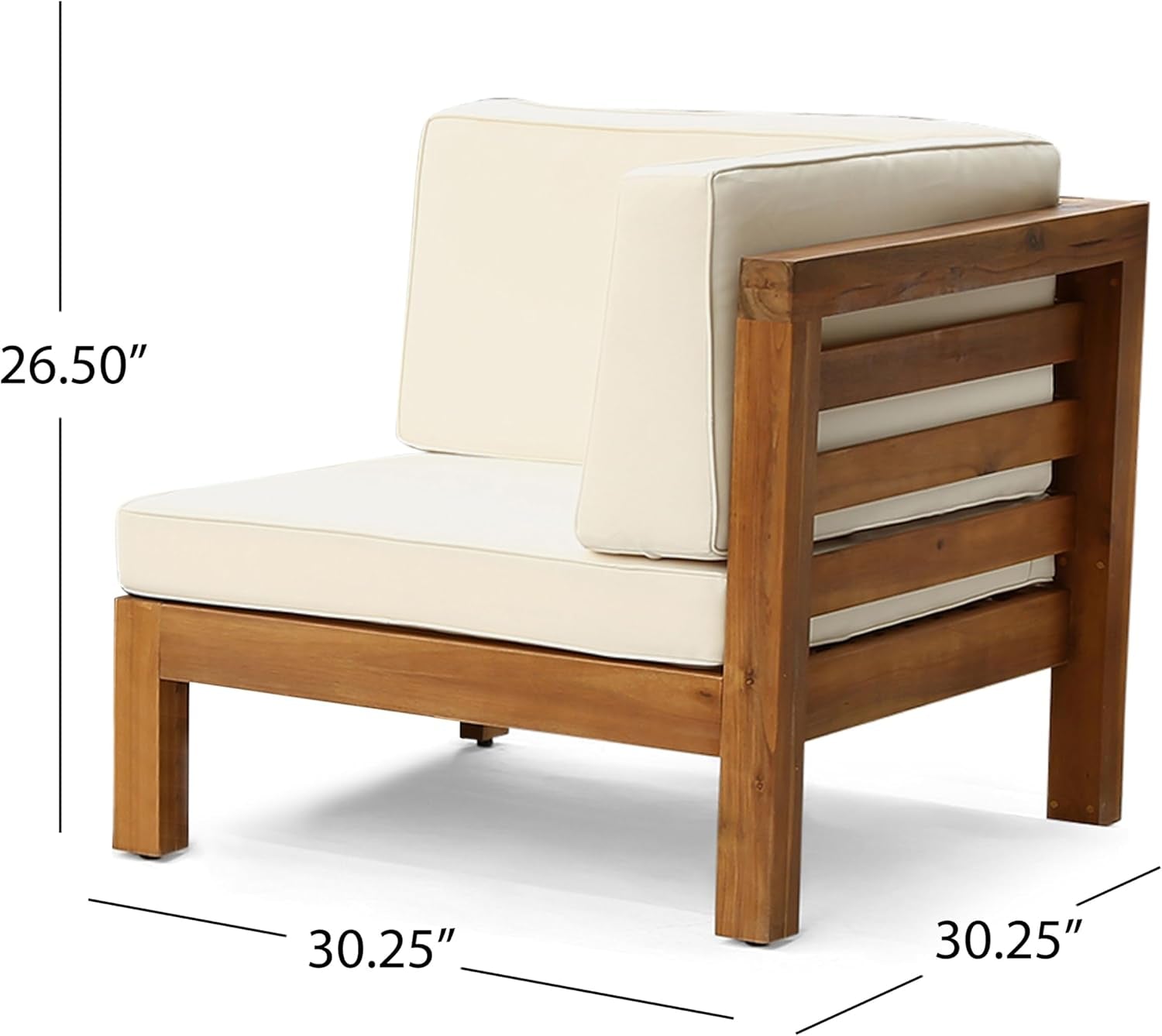 Rear three-quarter side view highlighting slatted teak-finish wood side and beige cushions with measurement marks