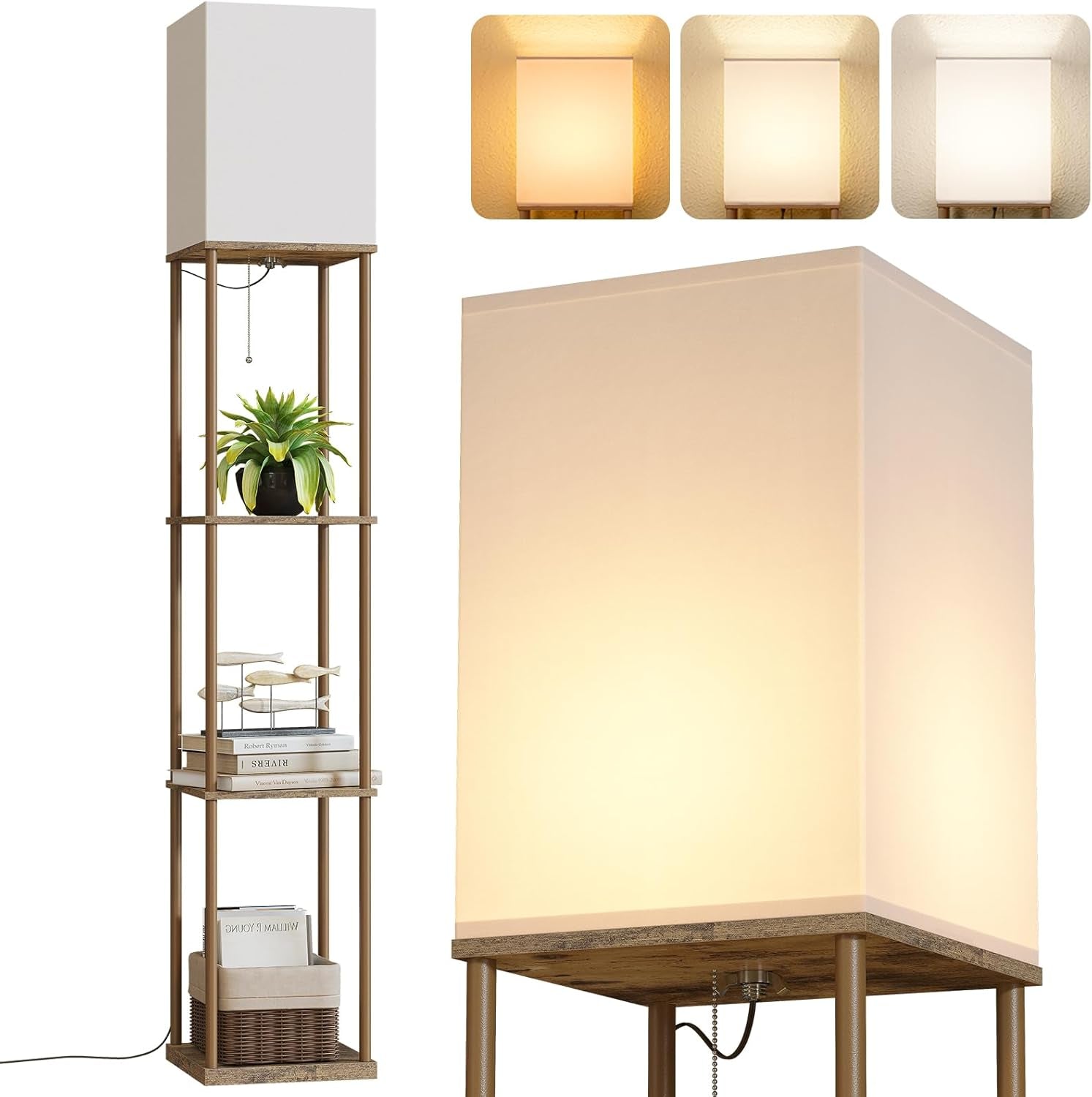 Wood-finish floor lamp with four shelves shown beside a close-up of its lit rectangular shade.