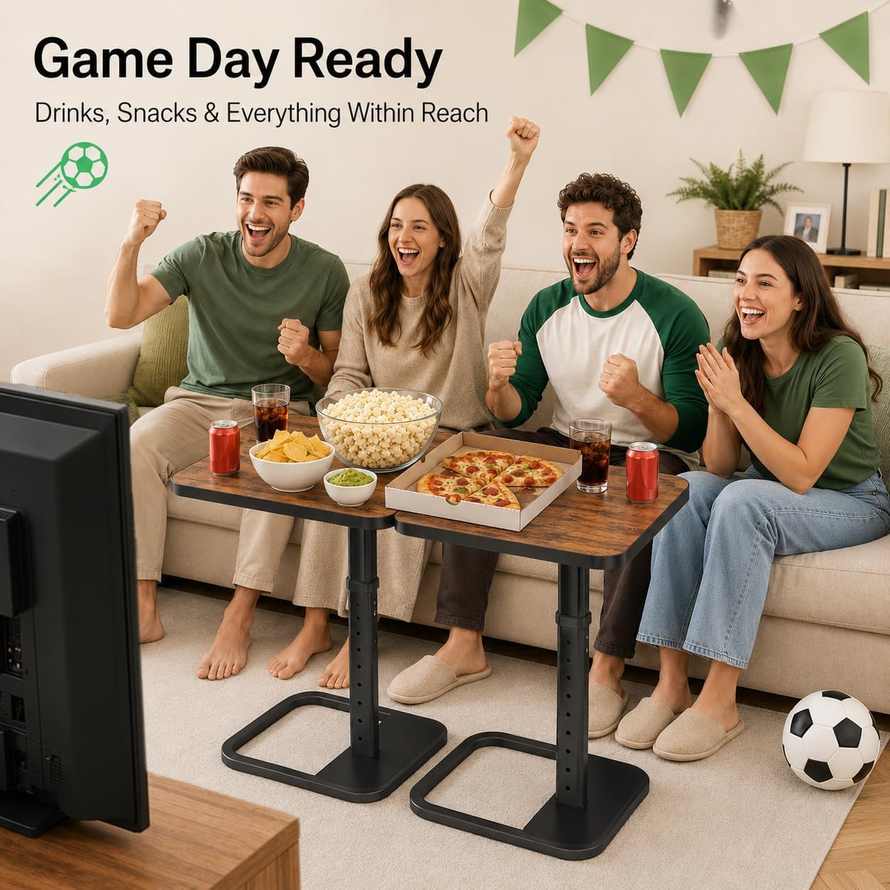 Two brown-top C-tables in front of a sofa holding snacks while people cheer for a game