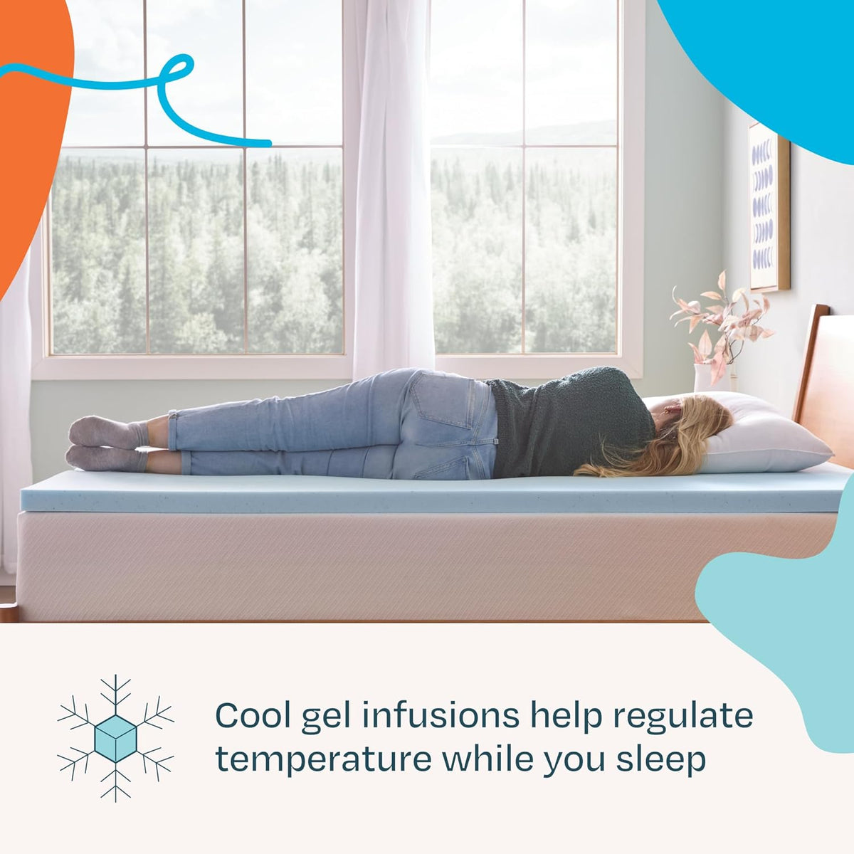 Side view of a person lying on a light-blue foam topper placed on a mattress by a bright window.