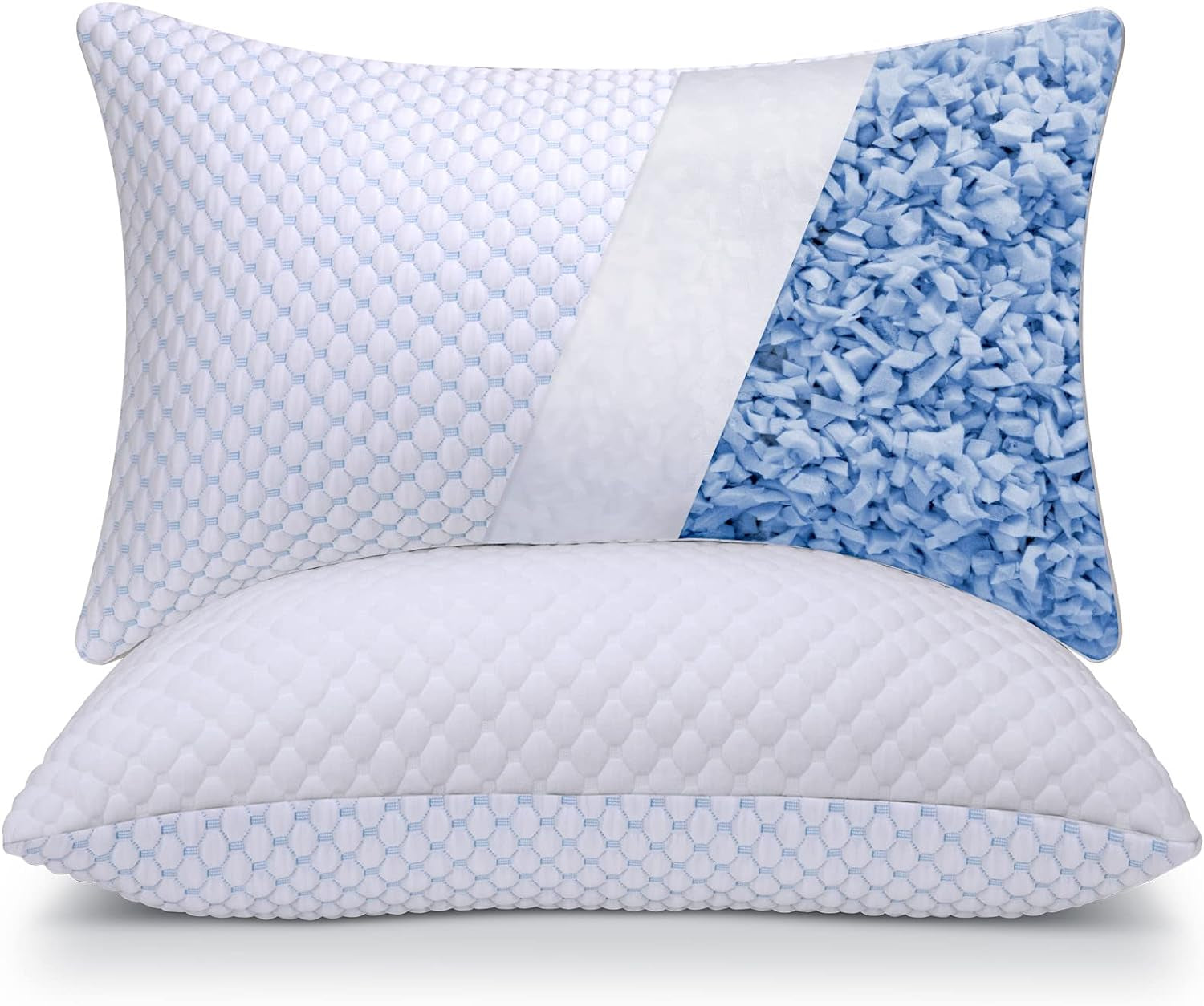 White quilted pillow pair with one pillow stacked and another showing shredded foam fill at the right