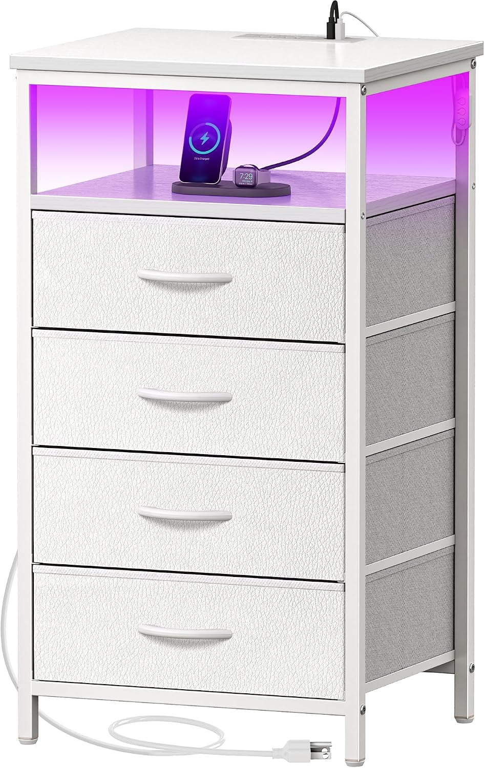 White bedside cabinet with four textured drawers, open top shelf lit purple and a visible power cord.