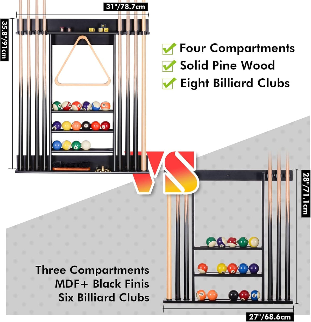Rack shown with dimensions and two layout options, cues on both sides and three ball rows on a white background.