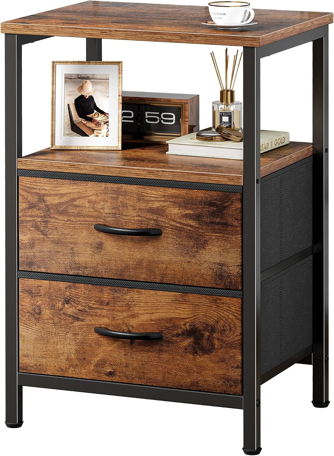 Single brown wood-top nightstand close-up showing black metal legs, open shelf and two wood-grain drawers with curved
