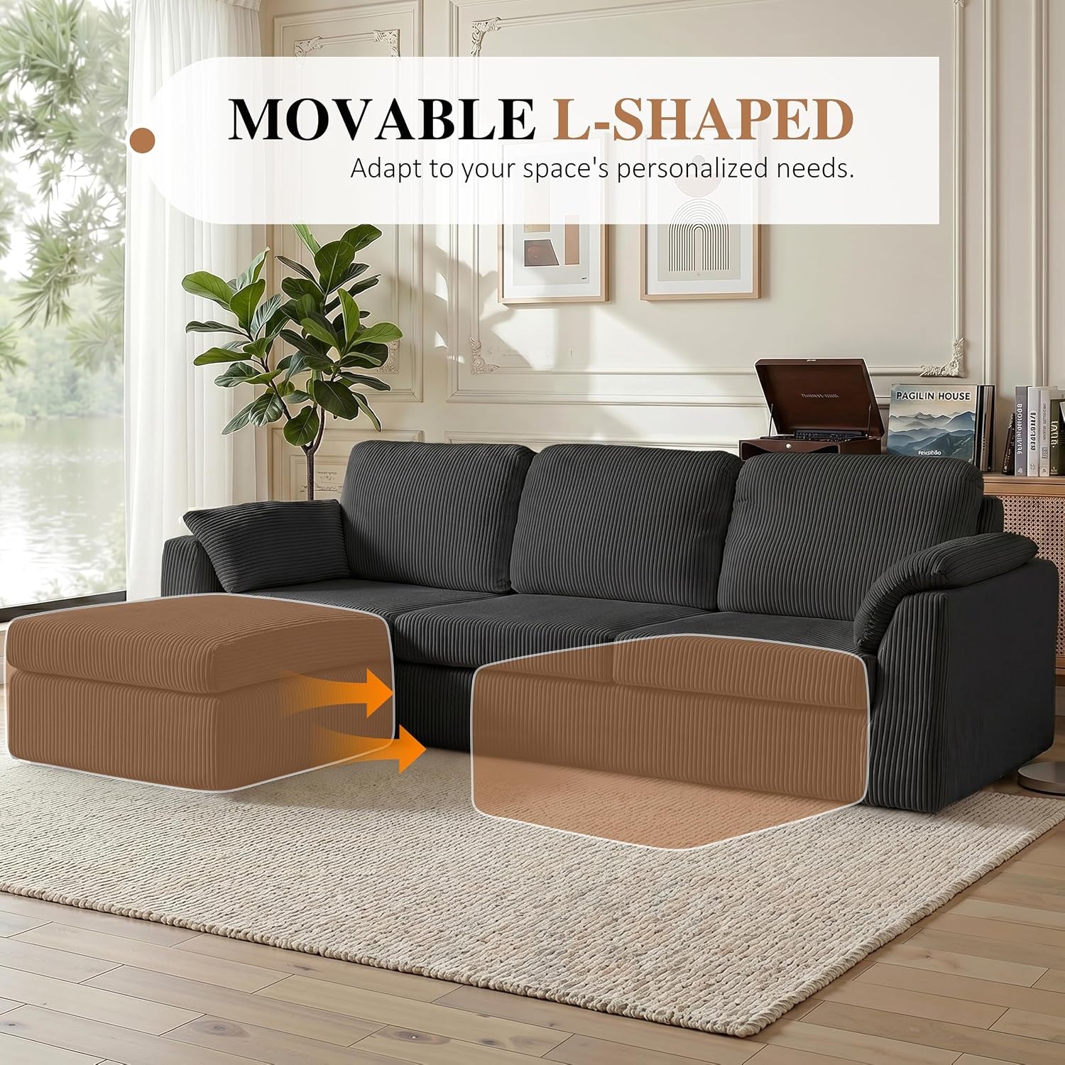 86" Boneless Couches for Living Room, L-Shaped Corduroy Cloud Couch, Modular Sectional Couch with Ottoman, Deep Seat Plush Foam Sofa, No Assembly Required, Black