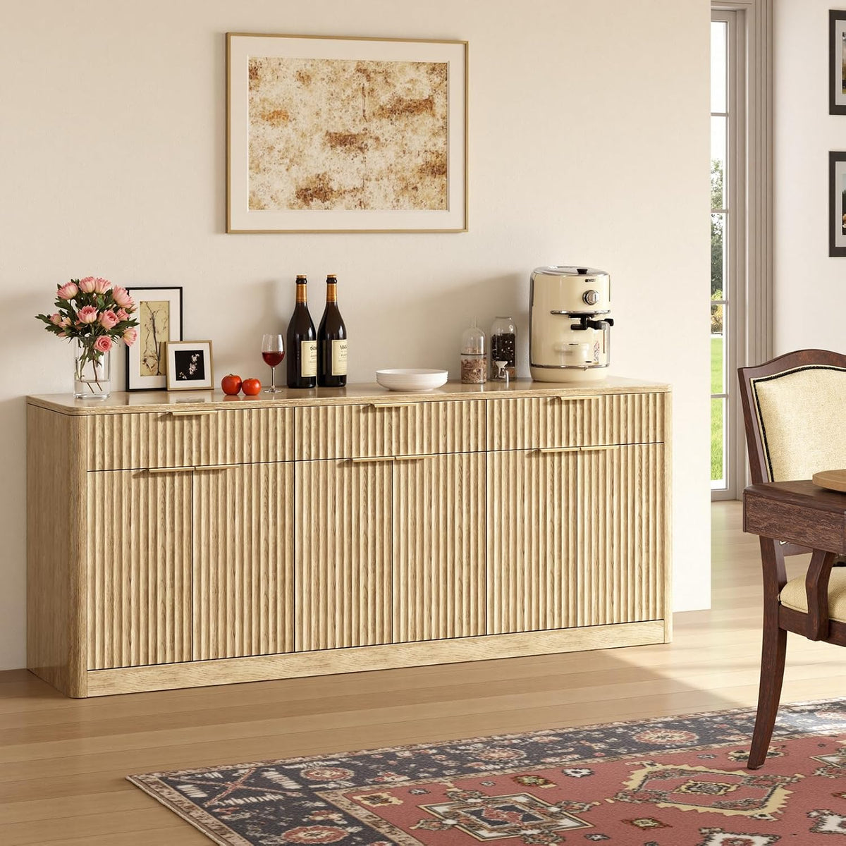 Evermagin 67" Fluted Walnut Buffet Cabinet with Storage | Mid-Century Modern Wood Sideboard, Large Credenza, gallery view 8
