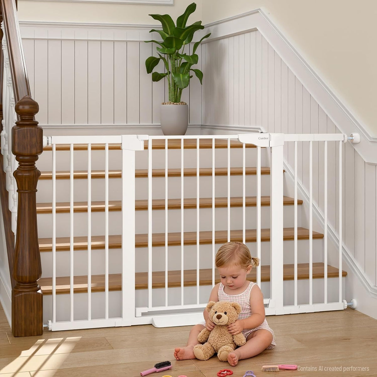 White stair-mounted safety gate across bottom of stairs with a toddler seated on the floor holding a teddy bear.
